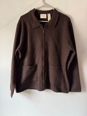 VTG FIRST ISSUE LIZ CLAIBORNE Brown Full Zip Wool Jacket Sweater Cardigan Size L